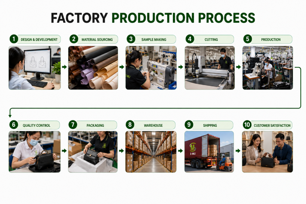 S.MU bag factory process showing raw material warehouse cutting sewing quality inspection and finished goods warehouse