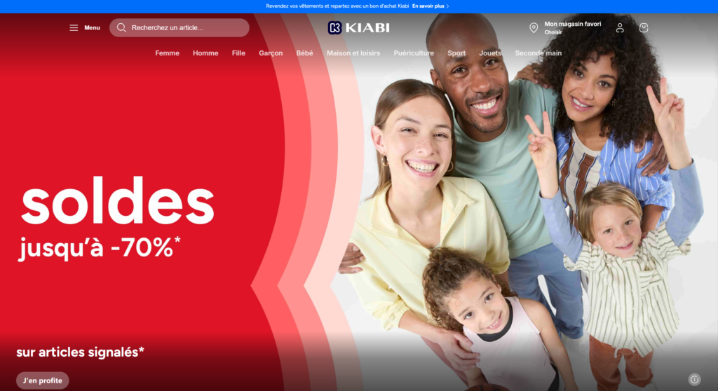 `Kiabi France affordable fashion supplier homepage with family clothing and accessories categories`