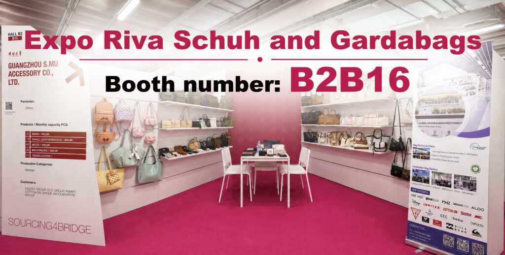 S.MU booth at Expo Riva Schuh and Gardabags in Riva del Garda Italy showing bag collections and private label manufacturing capability.