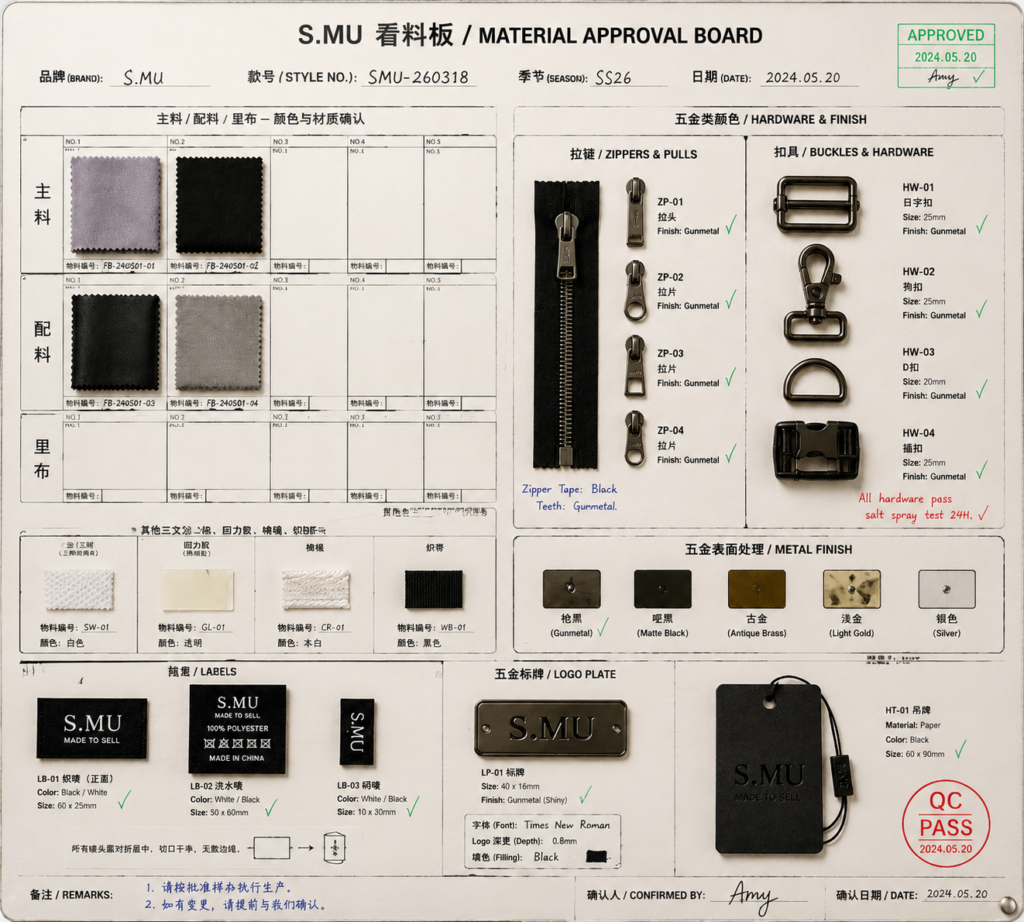 Approved materials and hardware for a custom bag quality inspection