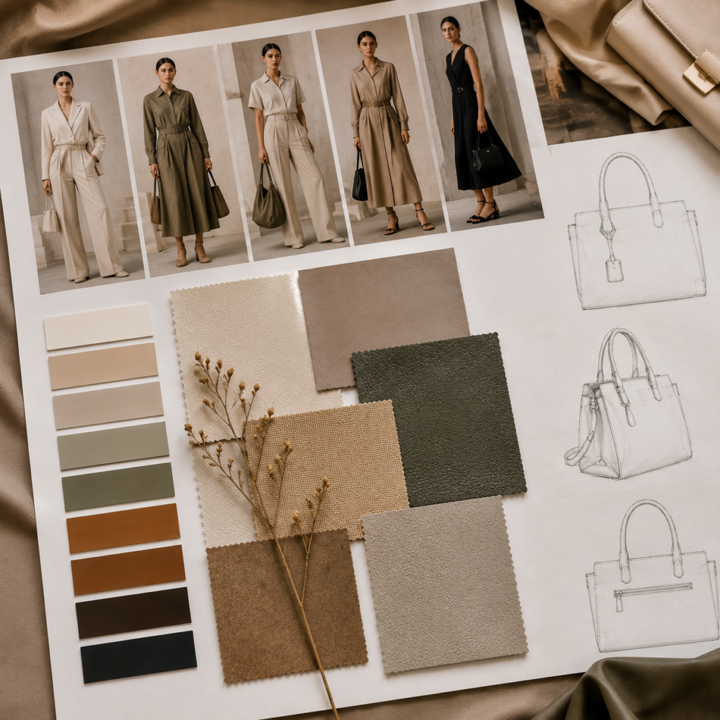 Bag trend research board with fashion references, material swatches, colors and handbag sketches.
