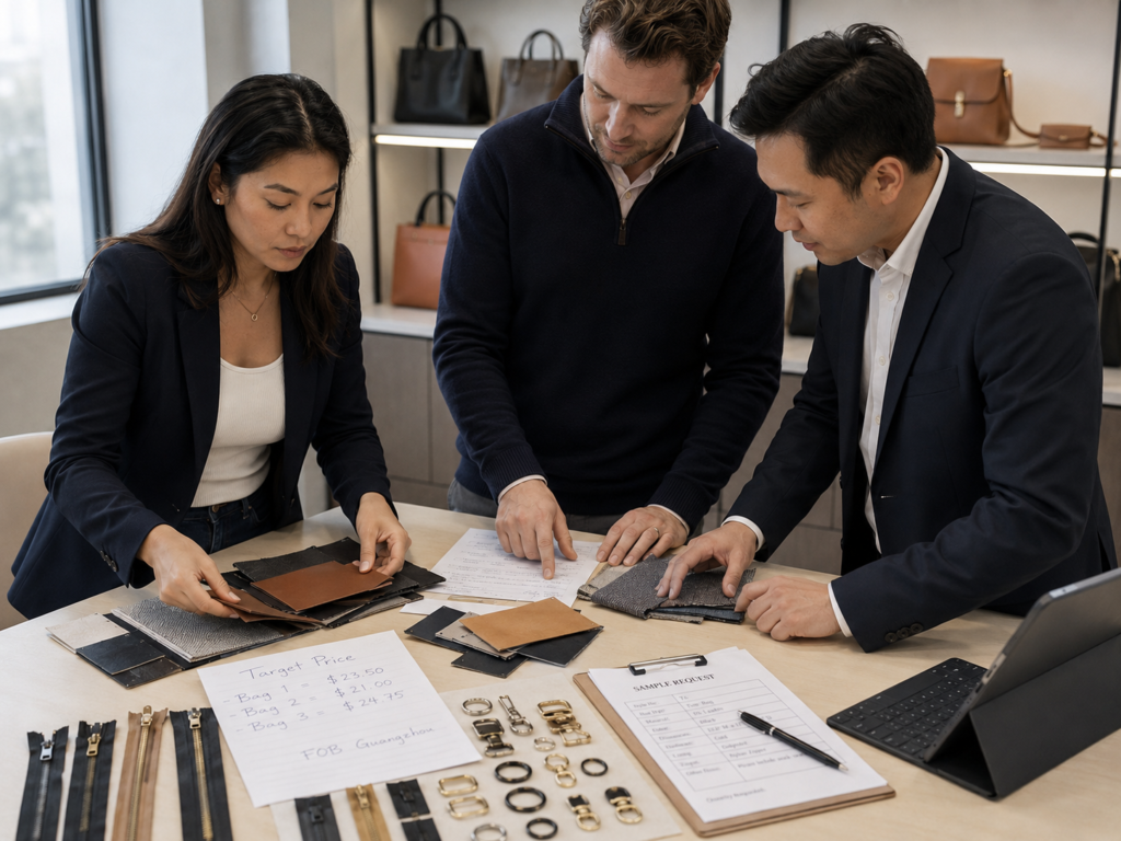Buyer reviewing custom bag material swatches with target price notes and sample request sheet.
