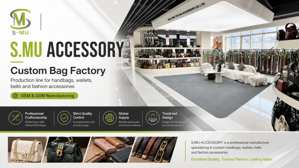 S.MU ACCESSORY custom bag factory production line for handbags wallets belts and fashion accessories.