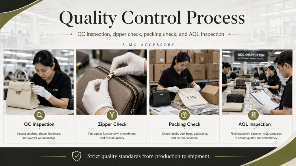 S.MU ACCESSORY custom bag quality control inspection for zipper hardware packing and final AQL.