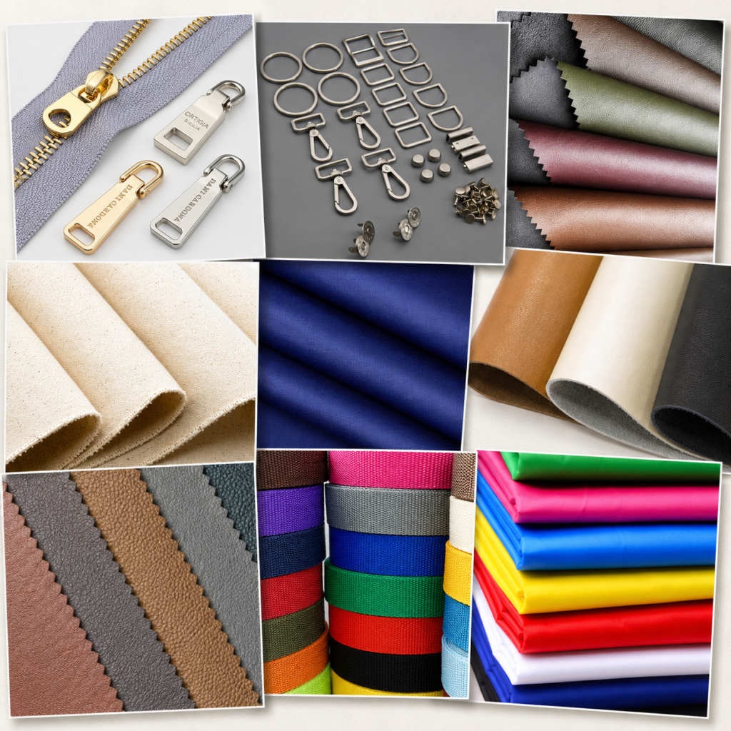 Custom bag material board with PU recycled PU nylon canvas lining webbing zipper and hardware options.