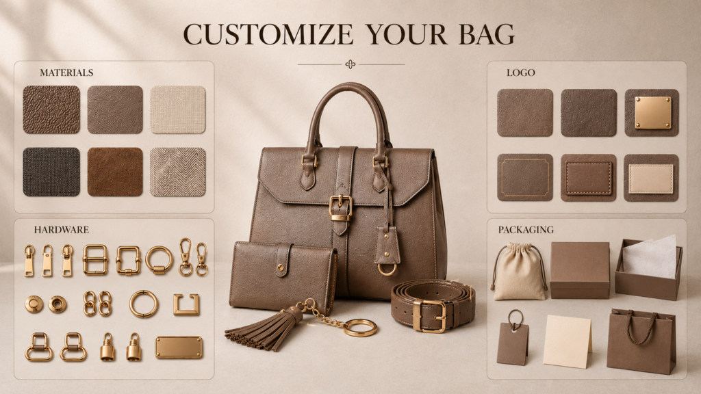 Private label bag material hardware logo and packaging customization