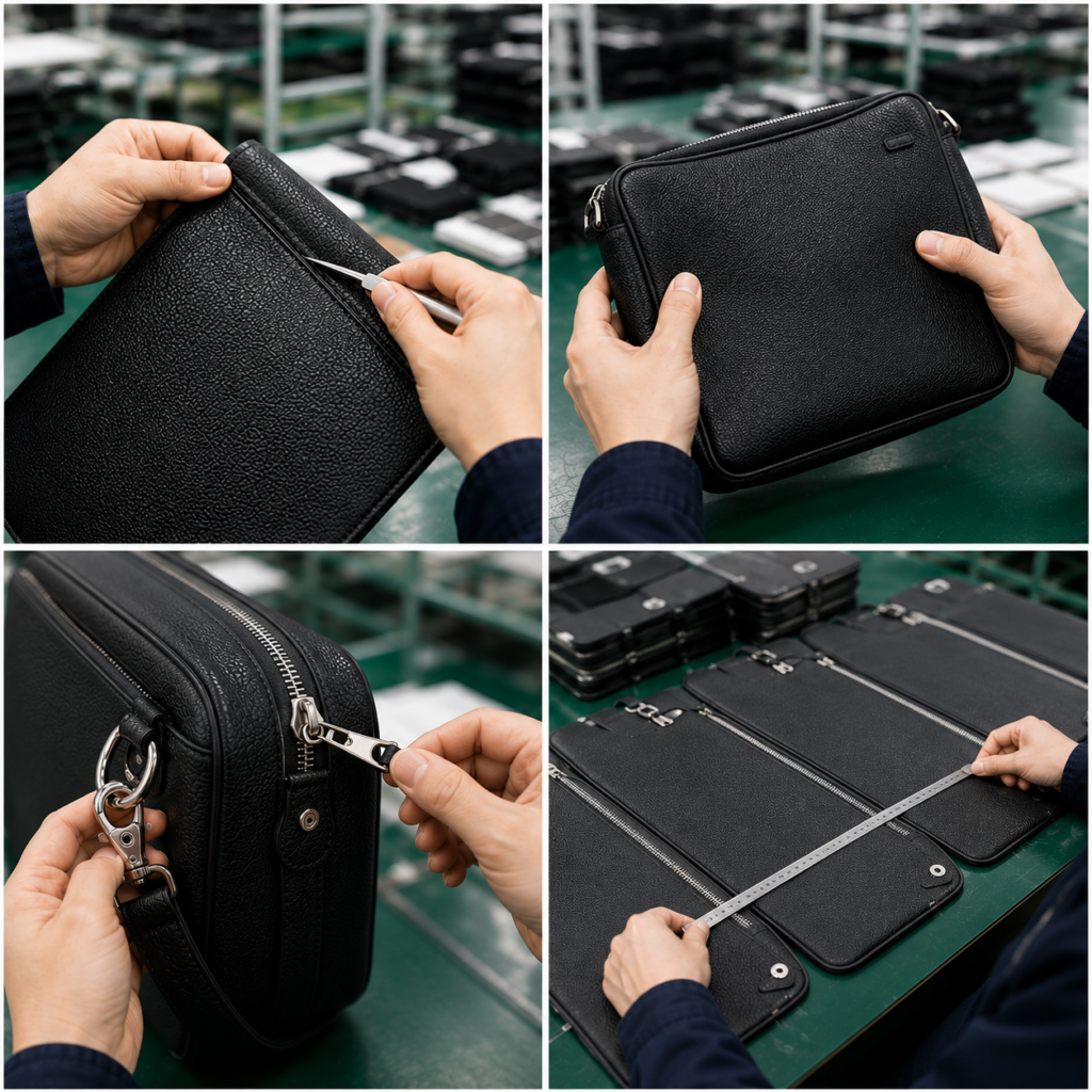 In-line custom bag inspection for stitching, handles and zippers