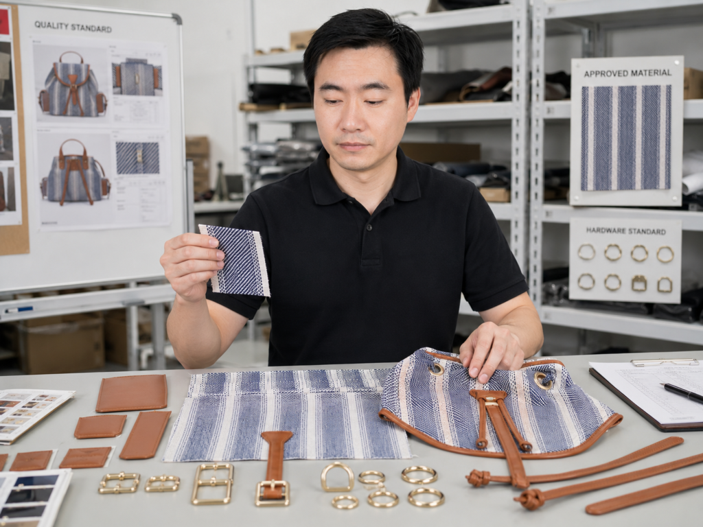 QC inspector comparing approved custom bag material swatch with bulk panels and hardware.