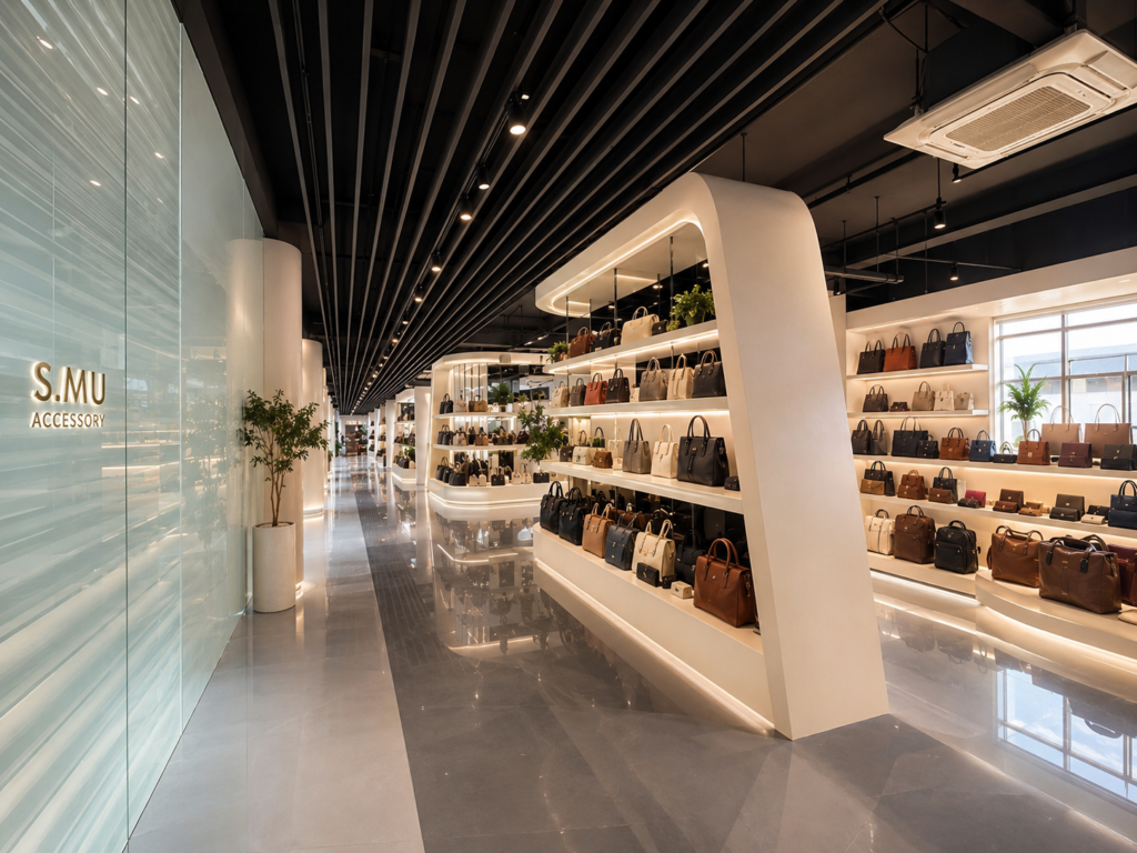 S.MU ACCESSORY showroom with handbags tote bags and crossbody bags
