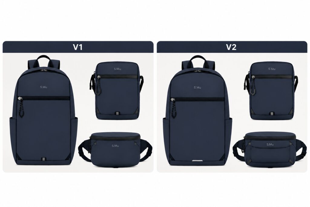 Custom bag sample V1 and V2 comparison with a controlled revision log