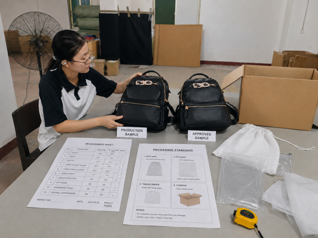 Bag quality inspection against approved sample and buyer specification before shipment.