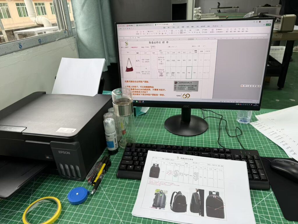 Custom bag sampling brief with annotated dimensions, materials, hardware and logo position