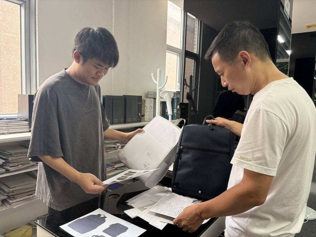 Custom bag sampling process from redacted buyer brief and material swatches to first prototype