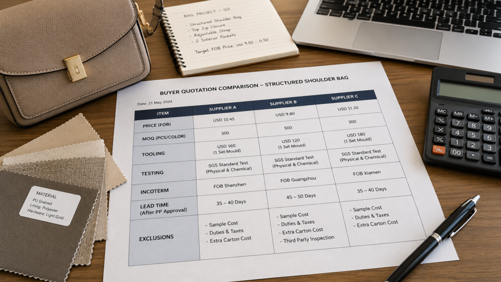 International buyer comparing custom bag supplier quotations in a normalized sourcing matrix.
