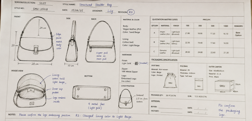 Revision-controlled custom bag tech pack used by an international buyer for supplier quotation.