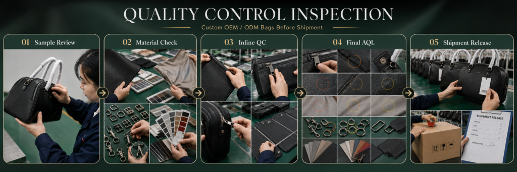 Quality control inspector checking custom OEM ODM bags before shipment