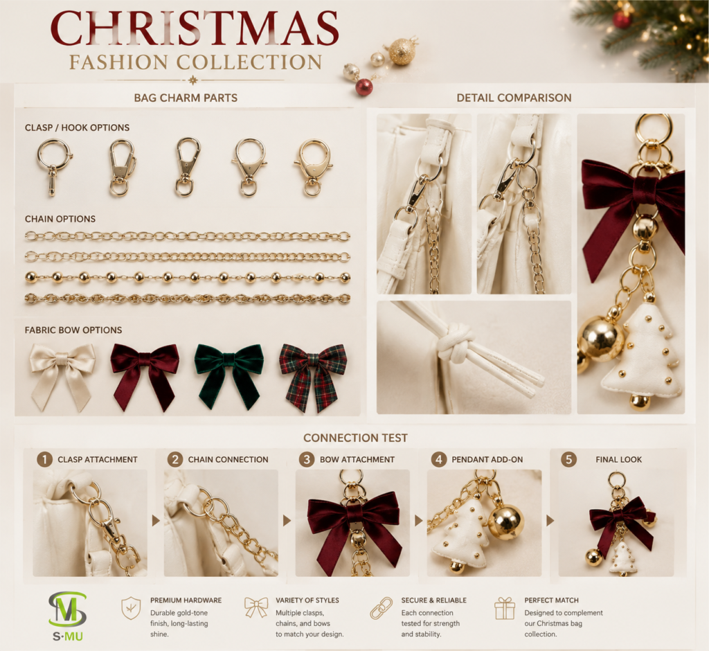 Custom bag charms and fashion accessory attachment options for Christmas retail