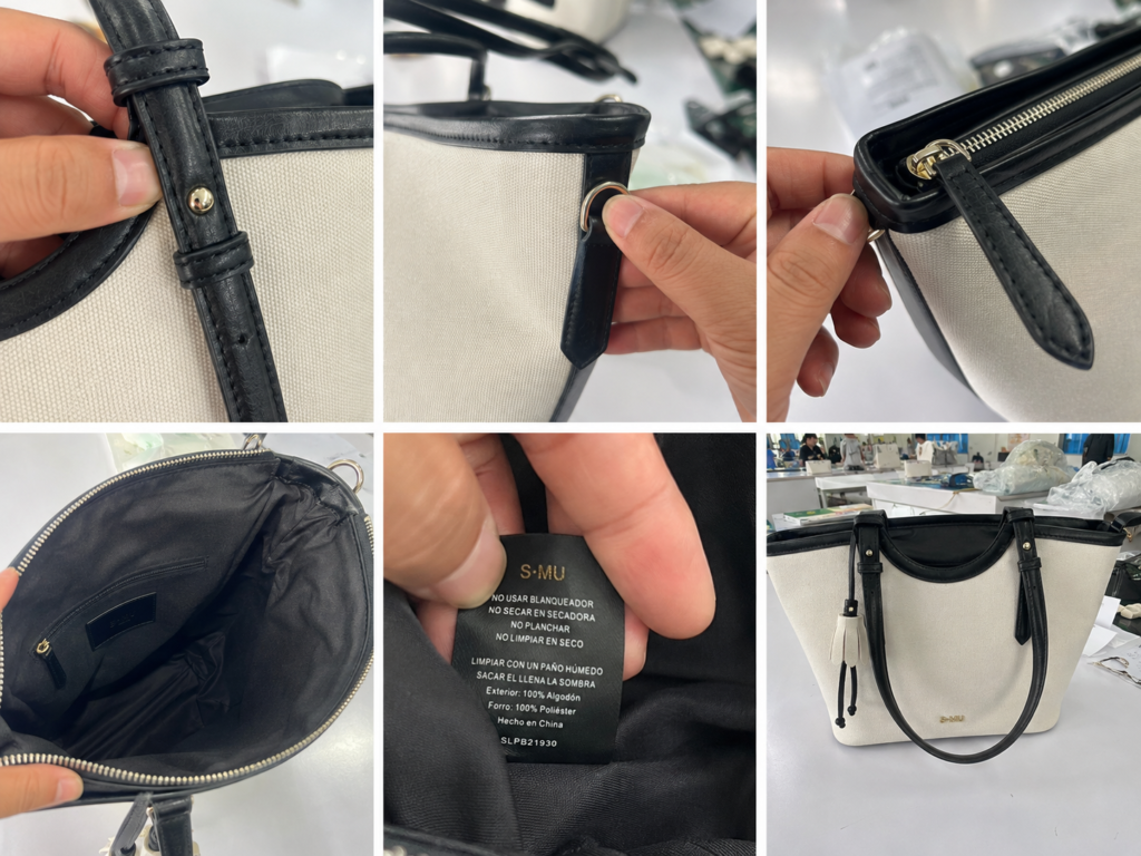 In-line custom bag inspection for stitching, handles and zippers