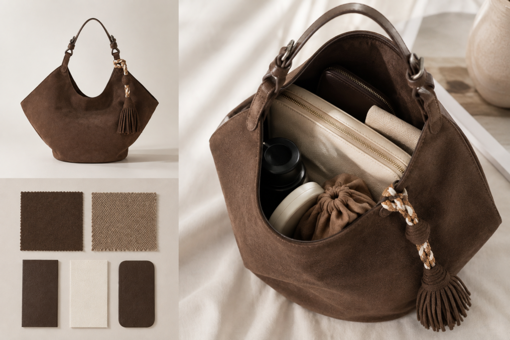 Slouchy bag development sample with soft handbag materials and reinforcement