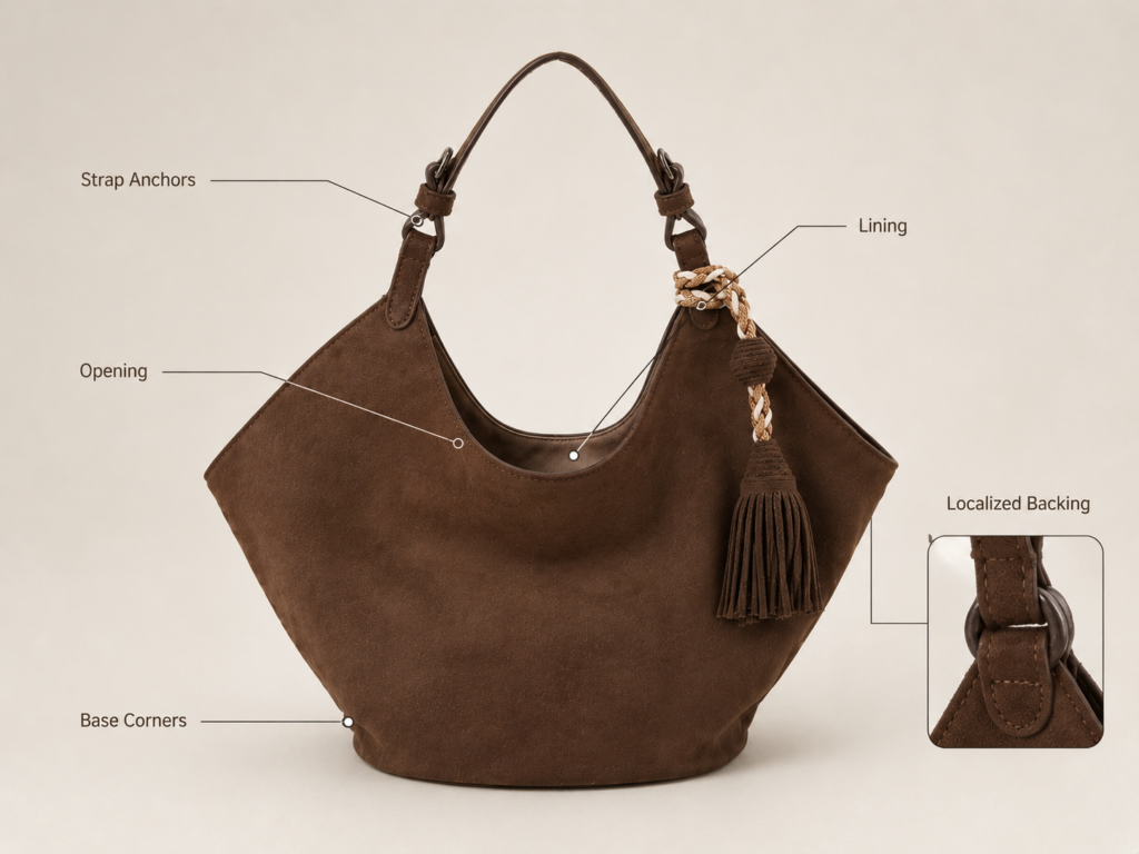 Soft handbag reinforcement at strap opening base and lining areas